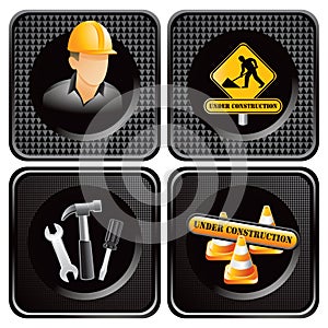 Construction icons on black checkered web icons