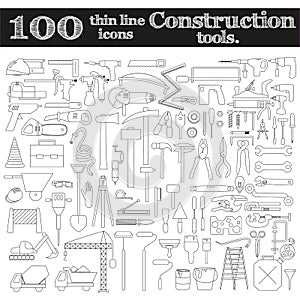 Construction icons - drill, perforator and other tools. Set of 100 objects.