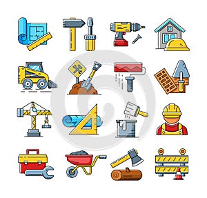 Construction icons or home repair tools signs in flat outline style