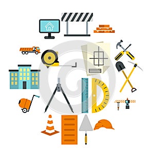 Construction icons set, flat style