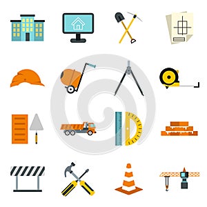 Construction icons set, flat style