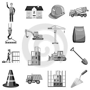 Construction icons set, gray monochrome style