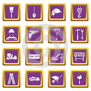 Construction icons set purple