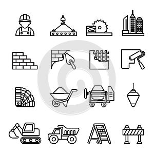 Construction icons set. Thin line style stock.