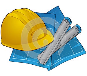 Construction icons withblueprints and hardhat