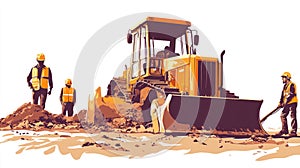 Construction Illustration, Bulldozer and Workers on a Construction Site