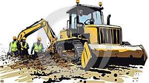 Construction Illustration Workers and Bulldozer Digging