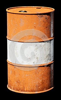 Construction industrial barrel, rusty, white and orange.