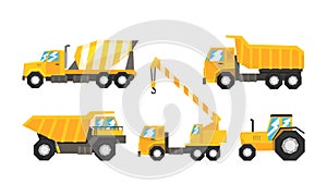 Construction and Industrial Vehicles Set, Cement Truck, Tractor, Dump Truck, Crane Cartoon Vector Illustration