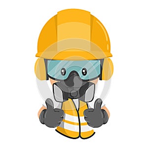 Construction industrial worker with his personal protective equipment, helmet, respirator mask, glasses, earmuffs, with a thumbs