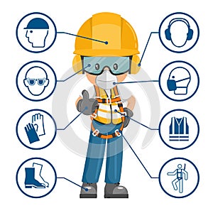 Construction industrial worker with personal protective equipment and icons, safety pictograms. Industrial safety and occupational