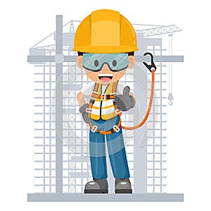 Construction industrial worker with personal protective equipment, safety harness and lifeline on a scaffold. Industrial safety