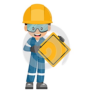 Construction industrial worker with a warning sign with copy space for text. Industrial safety and occupational health at work