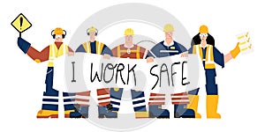 Construction Industrial Workers with I work safe sign photo