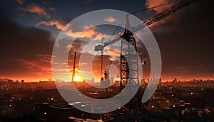 Construction industry crane working on construction site at sunset generated by AI