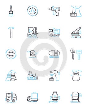 Construction industry linear icons set. Infrastructure, Renovation, Excavation, Concrete, Steel, Demolition, Site