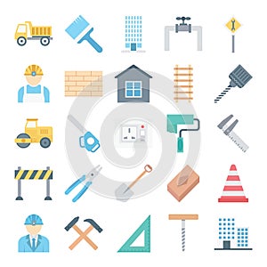 Construction Isolated Vector Icons Set Consist truck, miner, wall, tools, barrier, cone, traffic, buildings and brick,