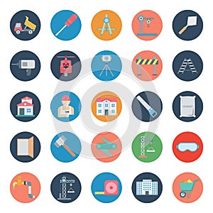 Construction Isolated Vector Icons Set Consist truck, miner, wall, tools, barrier, cone, traffic, buildings and brick,