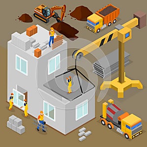 Construction isometric composition with human characters of laborers and builders during building process operated by machines