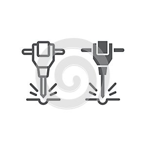 Construction jackhammer line and glyph icon, tool and repair, pneumatic hammer sign, vector graphics,