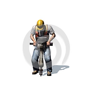 Construction laborer with rotary hammer, compressed air hammer - isolated on white background