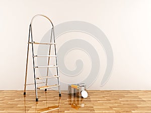 Construction ladder in empty room. Stepladder 3D