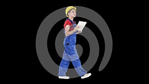 Construction lady using electronic tablet walking, Alpha Channel