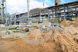 Construction of a large new industrial refinery petrochemical chemical plant with installations and pipelines, power iron and