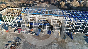 Construction of a large plant or factory, Industrial exterior, panoramic view from the air, Construction site, metal