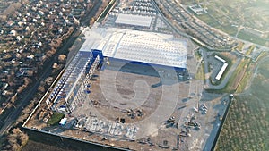 Construction of a large plant or factory, Industrial exterior, panoramic view from the air, Construction site, metal