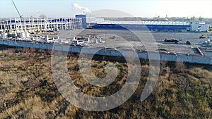 Construction of a large plant or factory, Industrial exterior, panoramic view from the air, Construction site, metal