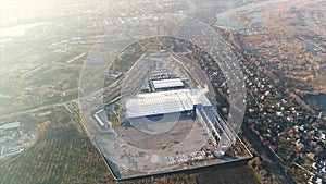 Construction of a large plant or factory, Industrial exterior, panoramic view from the air, Construction site, metal