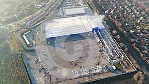 Construction of a large plant or factory, Industrial exterior, panoramic view from the air, Construction site, metal