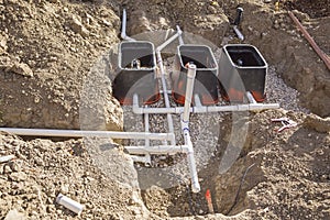 Construction residential lawn landscaping irrigation system pipe sprinkler installation photo