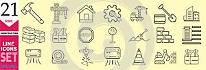 Construction line icons set. Outline web icon set, home repair tools. vehicle, elements, tools