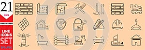 Construction line icons set. Outline web icon set, home repair tools. vehicle, elements, tools