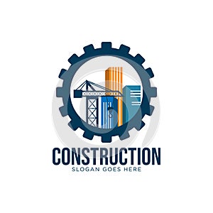 Construction logo design concept with buildings and crane inside cog gear