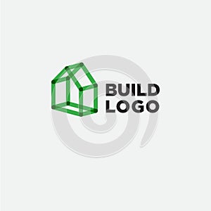 Construction logo. Eco House Real estate emblem. House consists of green transparent elements.