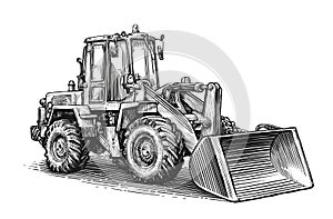 Construction machine sketch. Hand drawn tractor excavator vector illustration