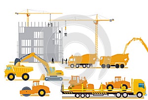 Construction machinery at the construction site, illustration