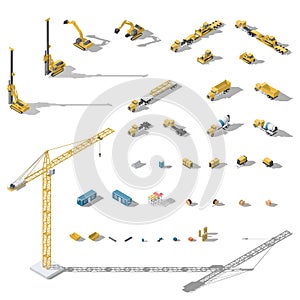 Construction machinery and equipment lowpoly isometric icon set
