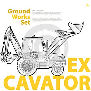 Construction machinery, excavator. Typography set of ground works machines vehicles.