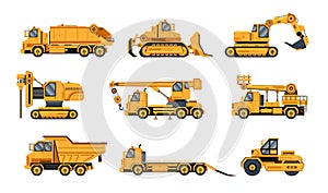 Construction machinery. Heavy road equipment trucks, forklifts and tractors, excavation crane truck