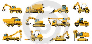 Construction machinery. Heavy road equipment trucks, forklifts and tractors, excavation crane truck isolated vector