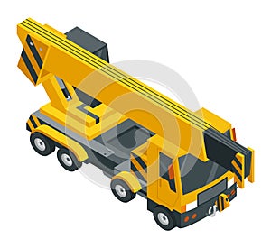 Construction machinery isometric icon, crane. Heavy transportation. Symbol representing heavy road industry. Career and