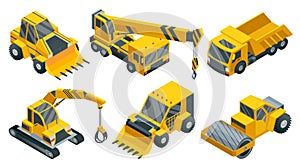 Construction machinery isometric set. Heavy transportation. Icons collection representing heavy mining and road industry