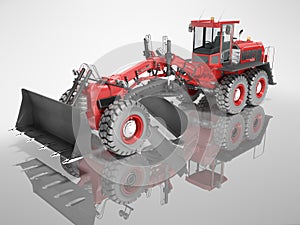 Construction machinery red grader for leveling roads for asphalt road isolated 3d render on gray background with shadow