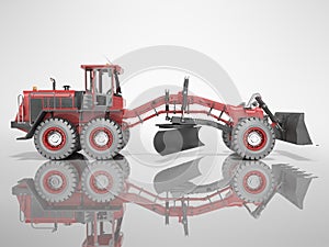 Construction machinery red grader for leveling roads for asphalting 3D render on gray background with shadow
