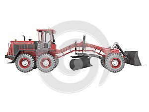 Construction machinery red grader for leveling roads for asphalting 3D render on white background no shadow