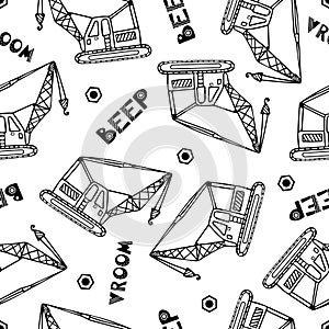 Construction machinery seamless pattern. Doodle vector illustration for boys in a scandinavian style. Lettering beep